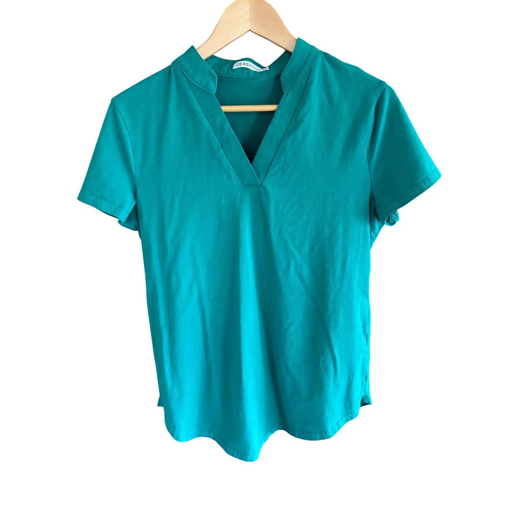 Ceasikery Womens Teal Green Split V-Neck Short Sleeve Blouse Top Size Large